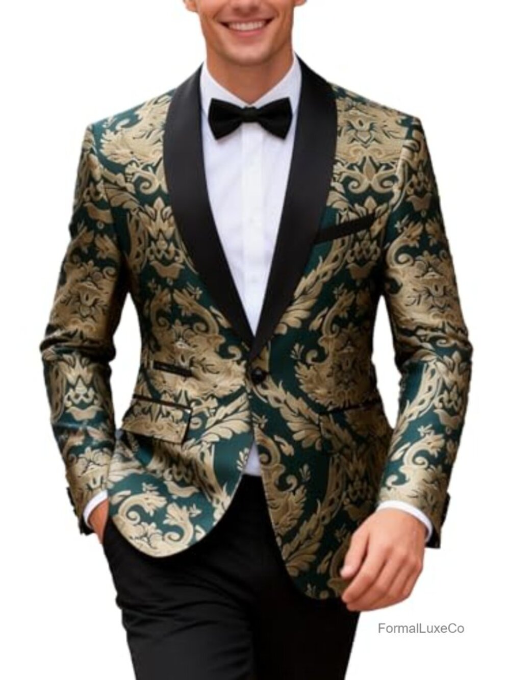Men's Slim Fit Floral Paisley Dinner Party Suit with Shawl Collar Bow Tie
